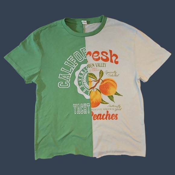 CACTUS & PEARL Two-tone California Peaches Short Sleeve Distressed T-Shirt - Picture 1 of 8